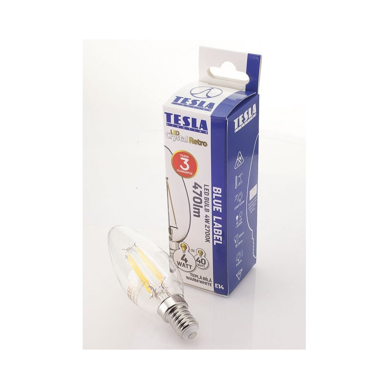 Tesla FILAMENT RETRO sviečka E14, 4W, teplá biela