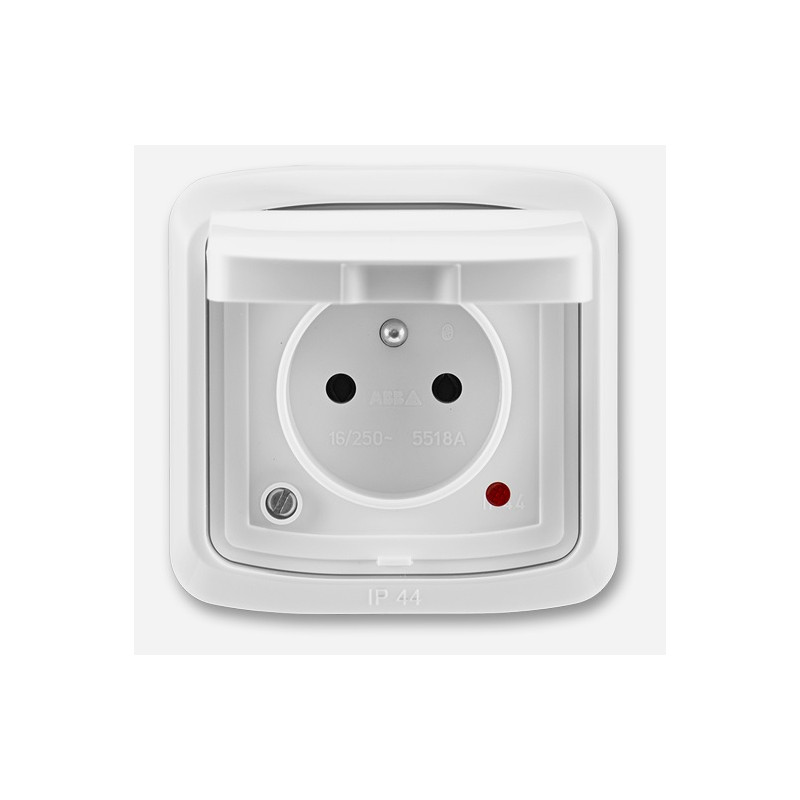 Zásuvka ABB Tango IP44 5598A-2999B s clonkami, viečkom a prepäťovou ochranou, biela