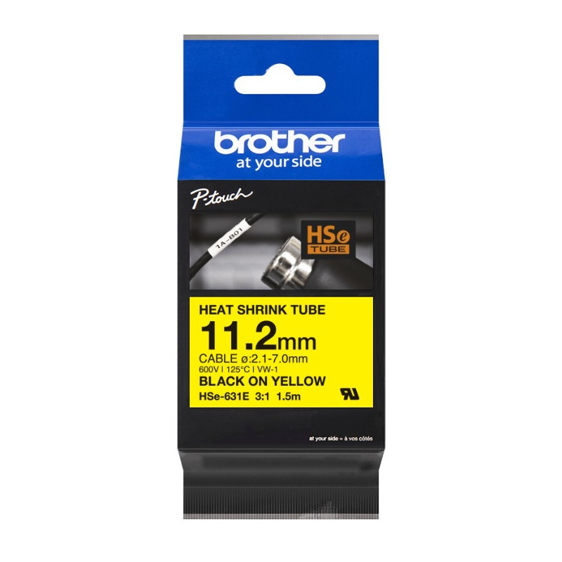 BROTHER HSe631E zmršťovacia bužírka čierne písmo, žltá bužírka TUBE (11.2mm)