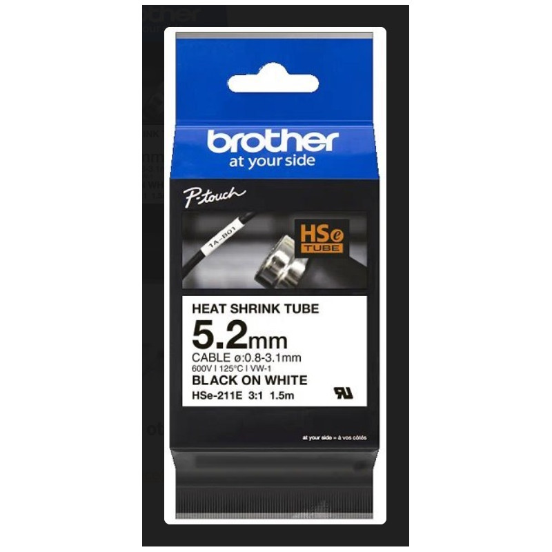BROTHER HSE211E zmršťovacia bužírka čierna tlač/biely podklad (5,2 mm) 1,5m
