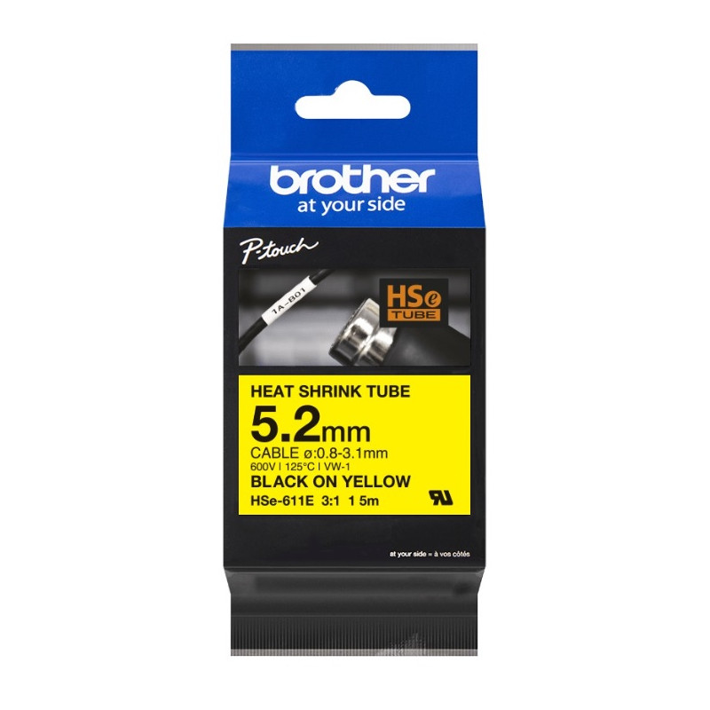 BROTHER HSe611E zmršťovacia bužírka čierne písmo, žltá bužírka TUBE (5.2mm)