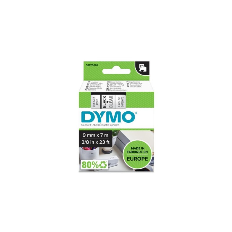 DYMO páska D1 9mm x 7m, čierna na priehľadnej